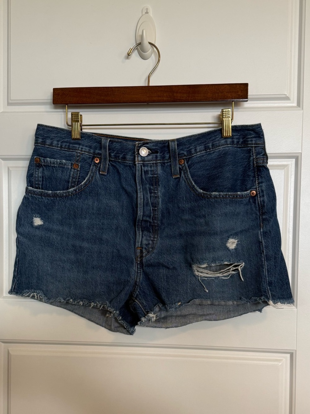 Levi's Dark Blue Distressed Denim Cutoff Shorts